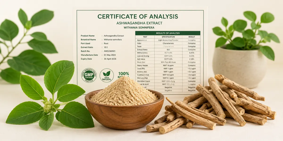 Ashwagandha extract Certificate of Analysis with root and powder — reading a CoA buyer guide by VKRUND ENTERPRISE