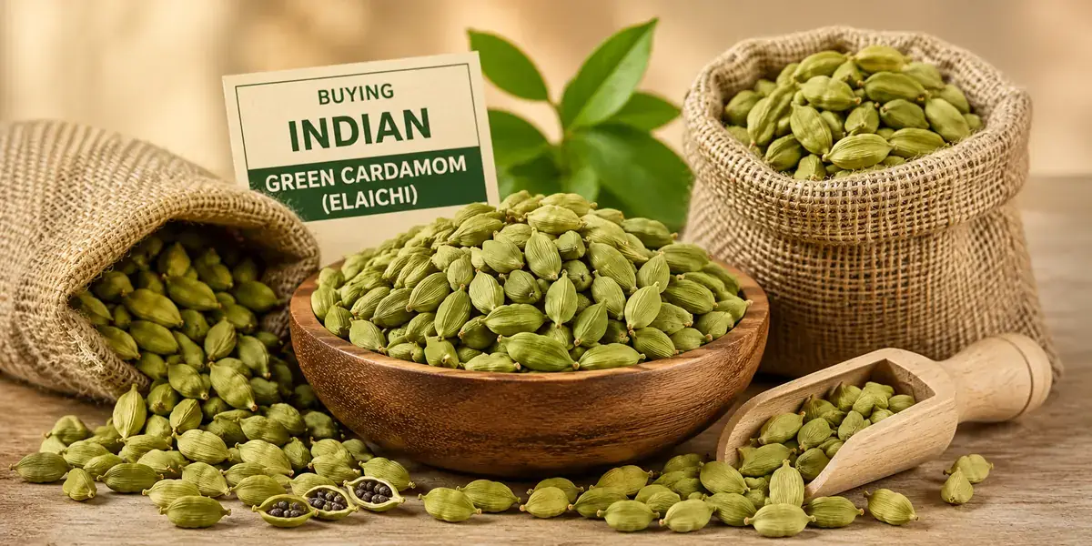 Indian green cardamom (elaichi) pods in bowls and sacks — buyer guide by VKRUND ENTERPRISE