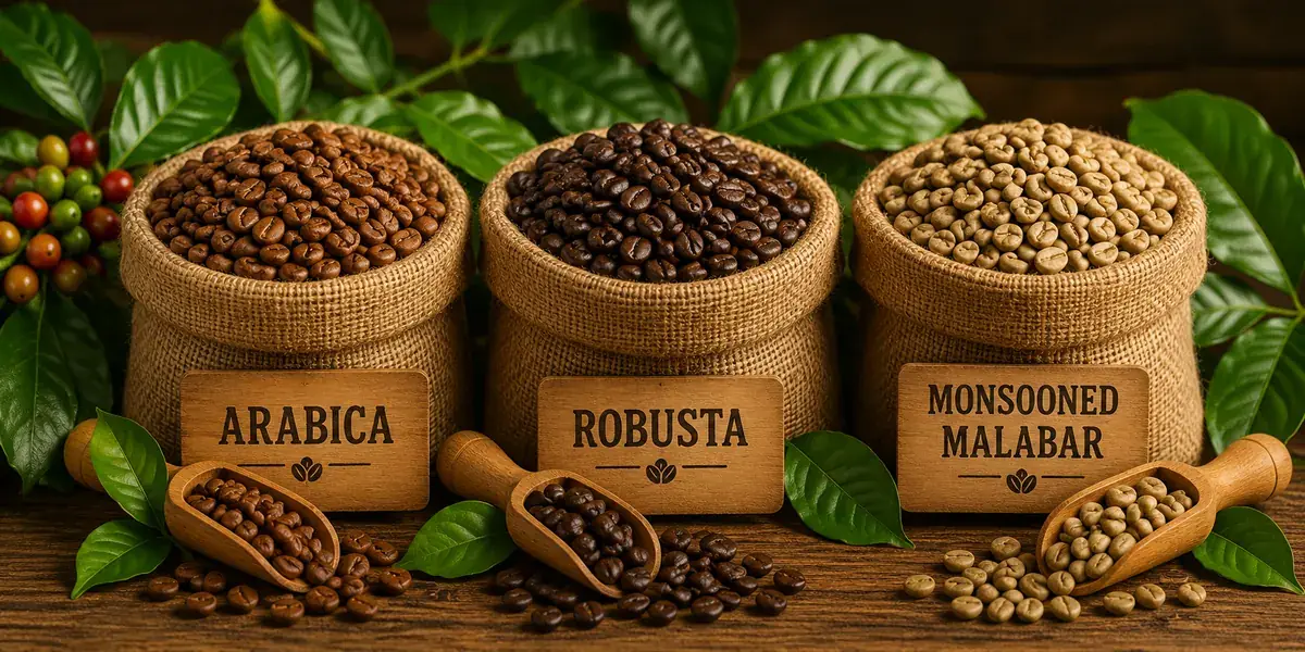 Indian coffee — Arabica, Robusta and Monsooned Malabar beans in sacks with coffee cherries — importing Indian coffee buyer guide by VKRUND ENTERPRISE
