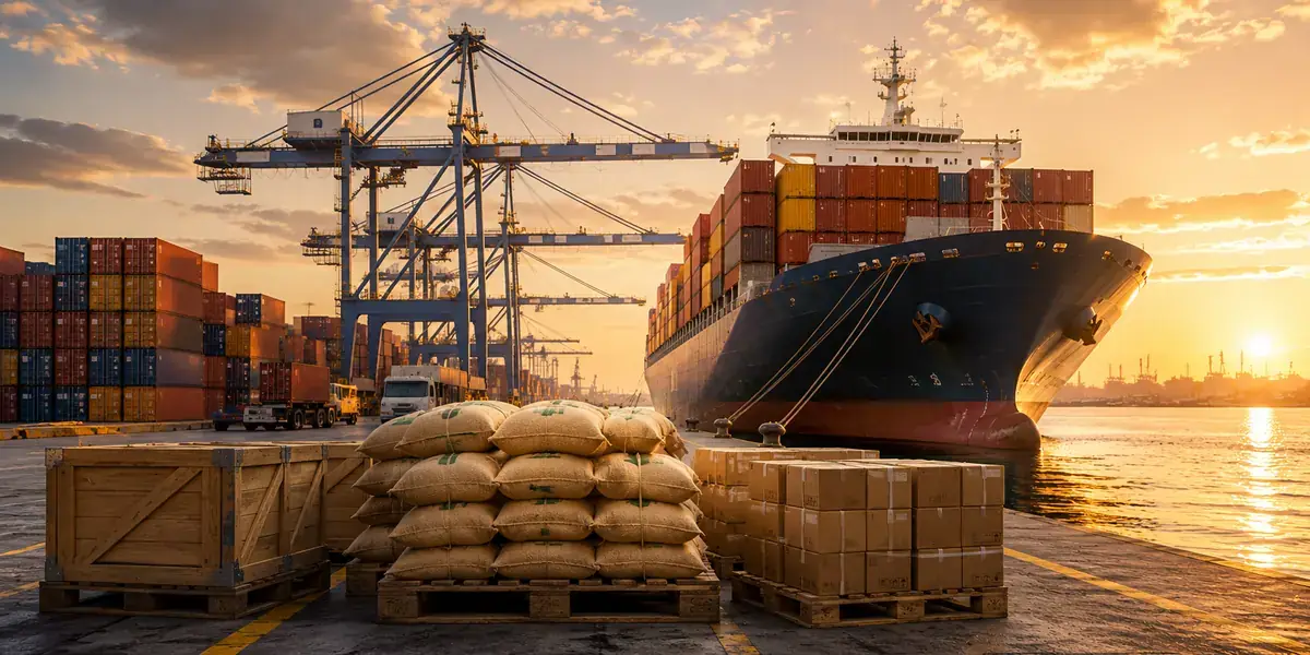 Agri-export shipping at port — container ship, cranes and grain cargo — FOB, CIF & DAP incoterms guide by VKRUND ENTERPRISE