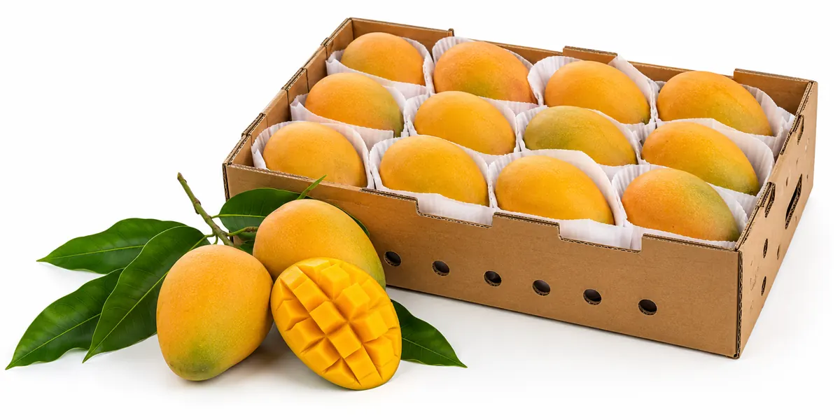 Indian Kesar mangoes packed in a ventilated export carton with paper trays, plus whole and cut fruit — Talala Gir Kesar export compliance guide by VKRUND ENTERPRISE