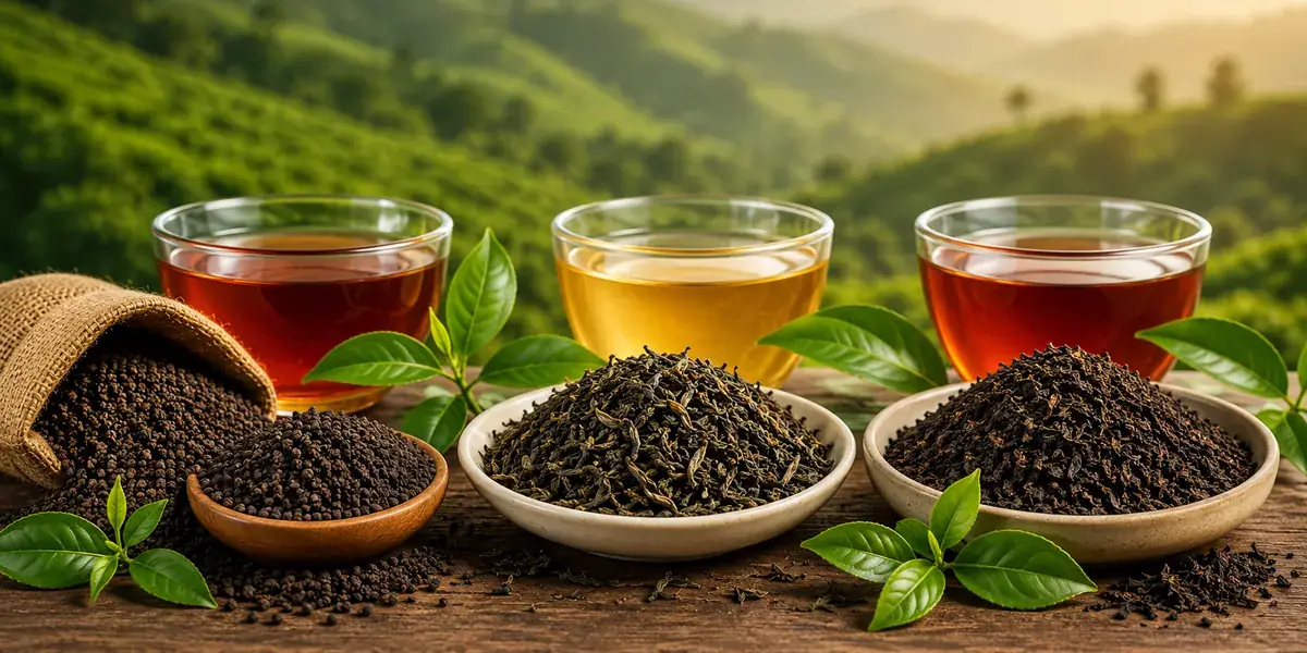 Indian tea — black, green and oolong tea with leaves and a tea garden — importing Indian tea buyer guide by VKRUND ENTERPRISE