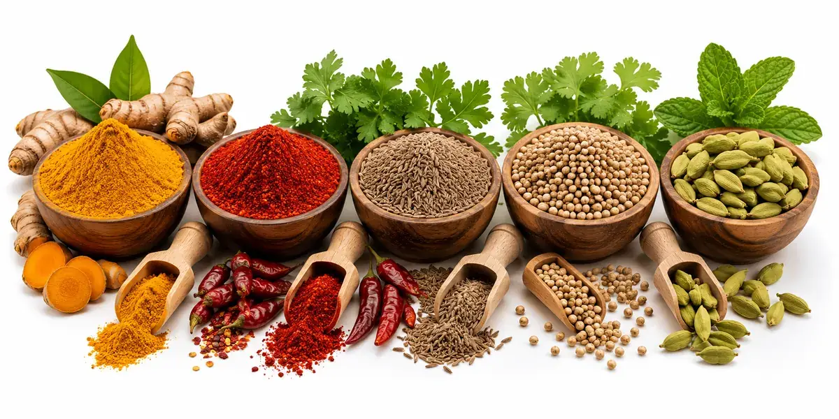 Indian spices — turmeric, red chilli, cumin, coriander and cardamom — buyer guide by VKRUND ENTERPRISE