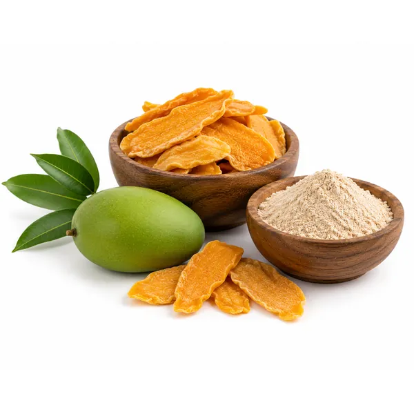 Amchur (dry mango powder) and dried mango slices with raw green mango — VKRUND ENTERPRISE, exporter from India