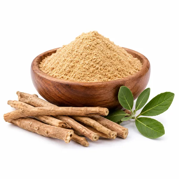 Ashwagandha (Withania somnifera) powder in a wooden bowl with roots — VKRUND ENTERPRISE, bulk supplier & exporter from India