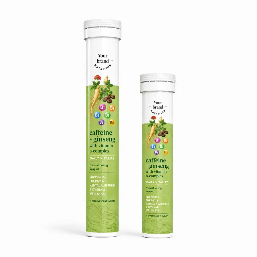 Caffeine Ginseng With Vitamin B-Complex Effervescent Tablets — VKRUND ENTERPRISE effervescent tablets, private-label supplier India
