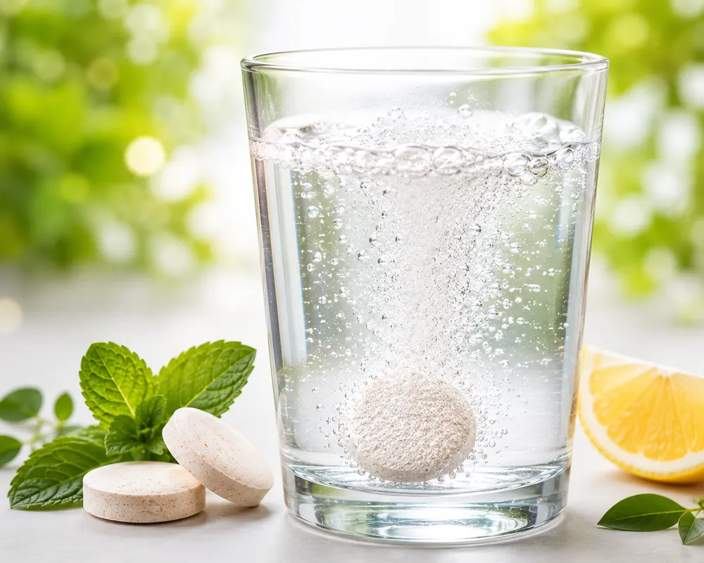 Effervescent supplement tablet dissolving in a glass of water — VKRUND ENTERPRISE, private-label effervescent tablet manufacturer & exporter from India
