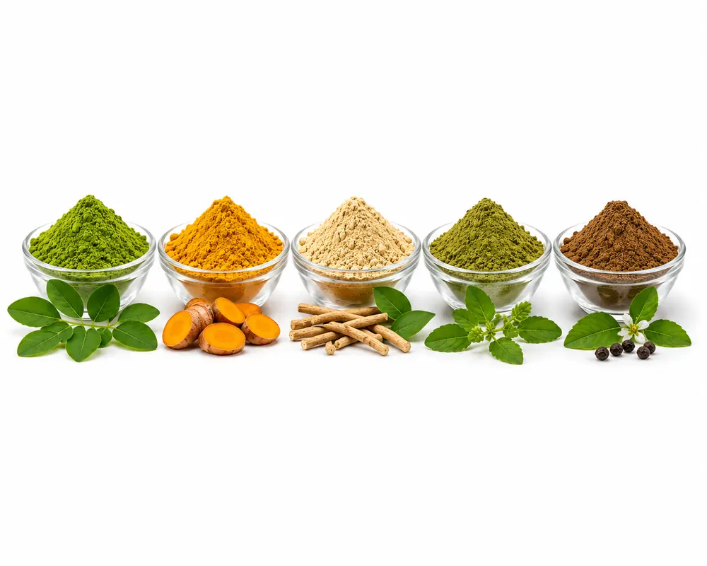 Single-herb micro-fine herbal powders by VKRUND ENTERPRISE — moringa, turmeric, ashwagandha, tulsi and pepper powders in bowls — bulk supplier & exporter from India
