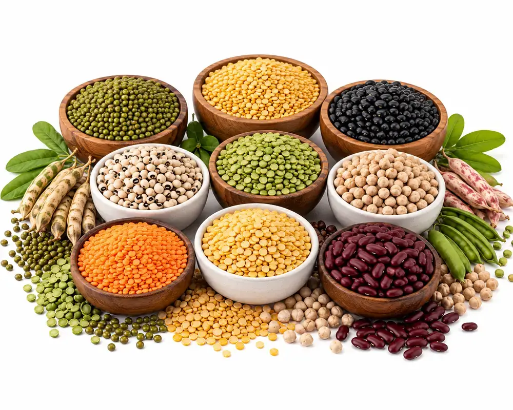 Indian lentils & pulses by VKRUND ENTERPRISE — moong, toor, urad, chana, kidney beans and split lentils in bowls — bulk pulses exporter & supplier from India