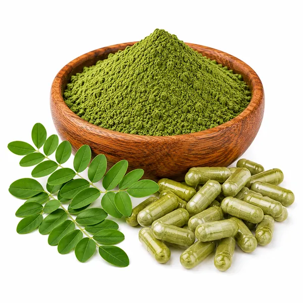 Moringa (Moringa oleifera) capsules with leaf powder and fresh leaves — VKRUND ENTERPRISE, private-label supplier & exporter from India