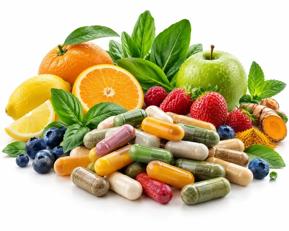 Plant-sourced natural vitamins by VKRUND ENTERPRISE — botanical capsules with fresh fruits, berries and greens — clean-label supplier & exporter from India