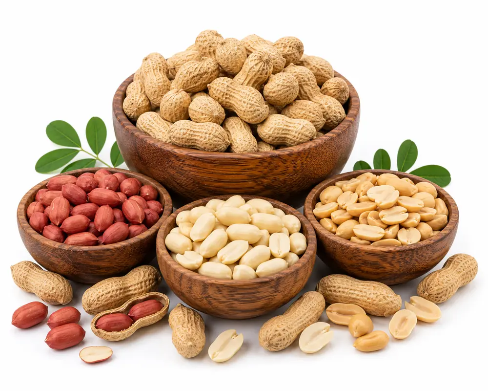 Indian peanuts by VKRUND ENTERPRISE — in-shell, red-skin kernels and blanched groundnuts in bowls — bulk peanut exporter & supplier from Gujarat, India