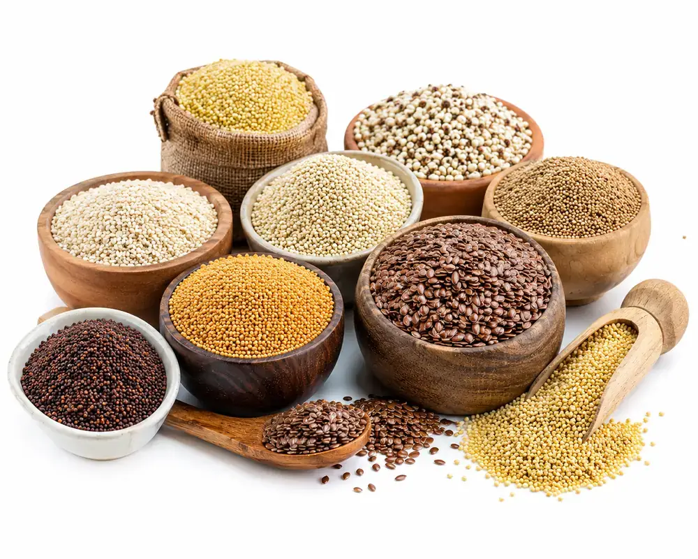 Oilseeds & millets by VKRUND ENTERPRISE — sesame, flax, mustard and millet seeds in bowls — bulk seeds exporter & supplier from India