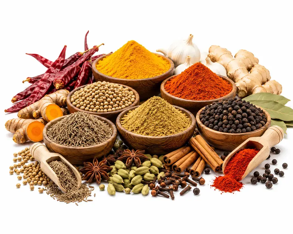Indian spices by VKRUND ENTERPRISE — turmeric, red chili, cumin, coriander, black pepper, cardamom and whole spices in bowls — bulk spices exporter & supplier from India