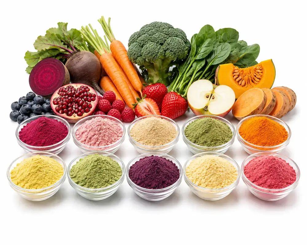 Spray-dried fruit & vegetable powders by VKRUND ENTERPRISE — colourful free-flowing powders with fresh produce — bulk supplier & exporter from India