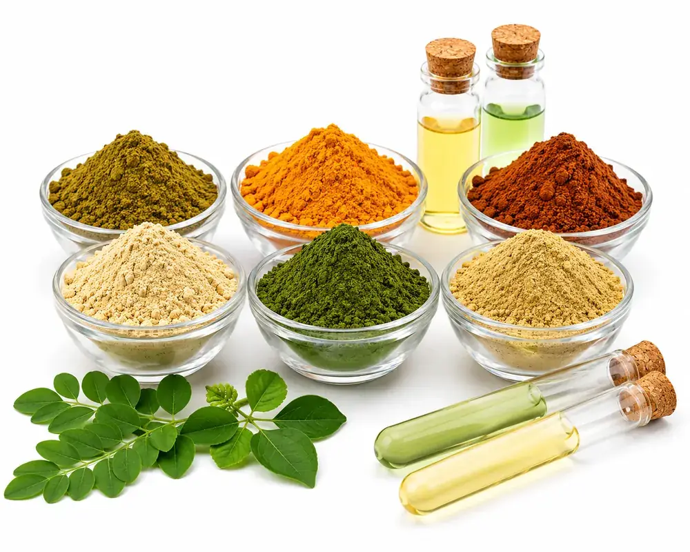 Standardised herbal extract powders by VKRUND ENTERPRISE — HPLC-assayed extracts in bowls with oil vials — bulk supplier & exporter from India