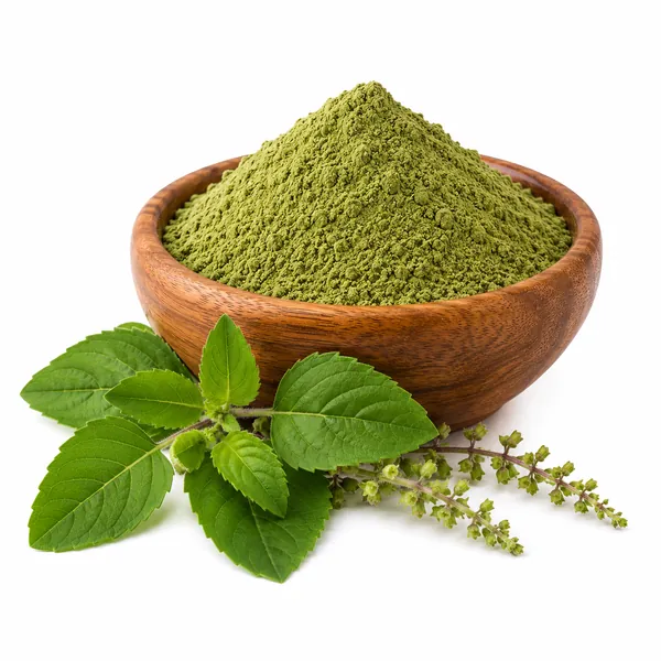 Tulsi / Holy Basil (Ocimum sanctum) powder in a wooden bowl with fresh leaves and flower — VKRUND ENTERPRISE, bulk supplier & exporter from India